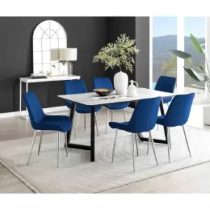 Image of Furniture Box Carson White Marble Effect Dining Table and 6 Navy Pesaro Silver Chairs