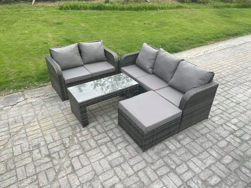 Image of Fimous Outdoor Rattan Garden Furniture Set Patio Lounge Sofa Set with Rectangular Coffee Table Big Footstool Dark Grey Mixed Dark Grey