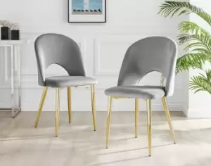 Image of Set of 2 Arlon Elegant Deep Padded Soft Touch Velvet Cutout Back Dining Chair With Gold Chrome Legs
