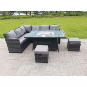 Image of Fimous 6 Seater Outdoor Dark Grey Mixed Rattan High Back Corner Sofa Set with Gas Fire Pit Dining Table and 2 Stools