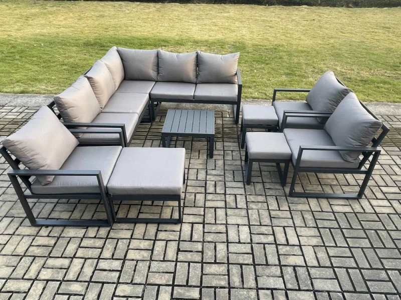 Image of Fimous 11 Seater Outdoor Aluminium Garden Furniture Set Corner Lounge Sofa Set with Square Coffee Table Chair 3 Footstools Dark Grey Dark Grey Unisex