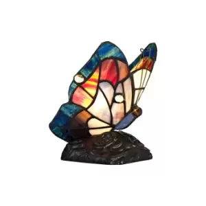 Image of Tiffany Butterfly Table Lamp, 1 x E14, Black Base With Blue, Brown Glass With Clear Crystal