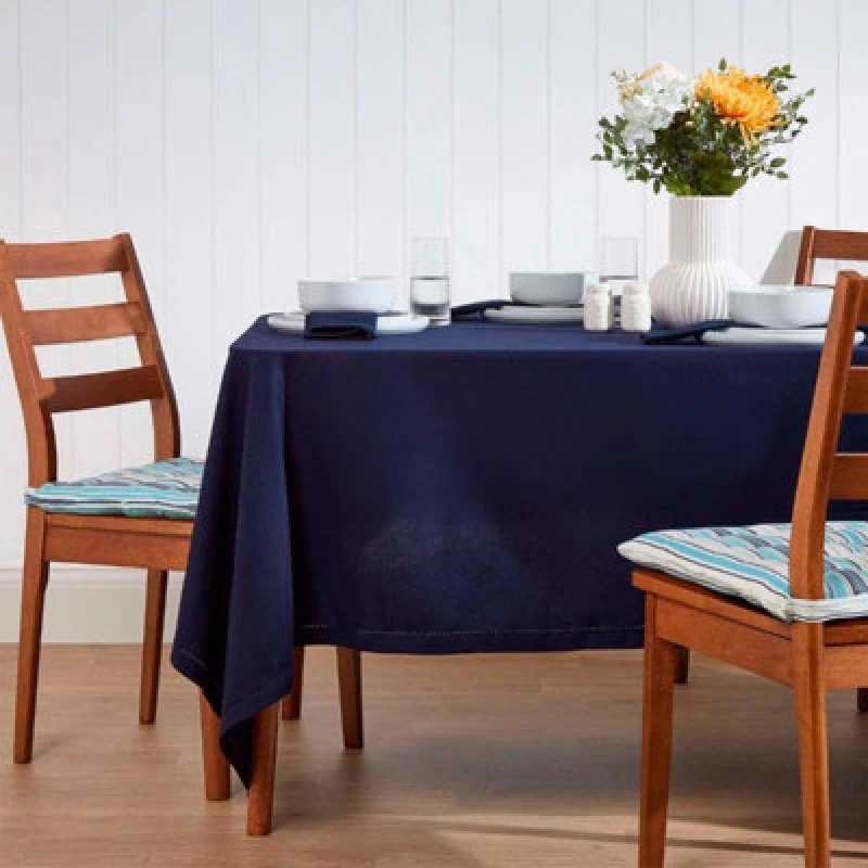 Image of Homescapes Plain Cotton Tablecloth, 137cm x 137cm Navy