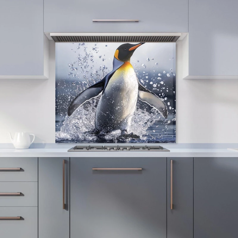 Image of Warren Reed - Designer Regal Penguin in a Watery Burst Kitchen Splashback in Black Size: 700mm x 650mm Black Unisex 700mm x 650mm