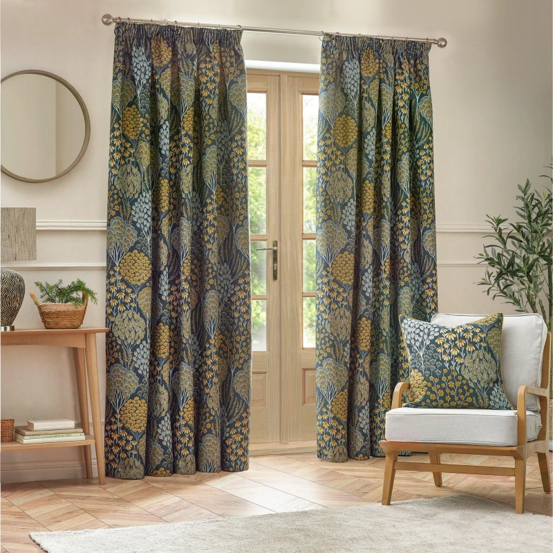Image of Ophelia Floral Jacquard Pencil Pleat Curtains Blue/Saffron, Blue/Saffron / 168x183cm