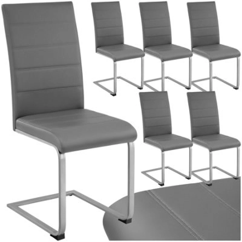 Image of Tectake Set Of 6 Dining Chairs - Cantilevered, High Backrest, Flat Steel Frame - Grey