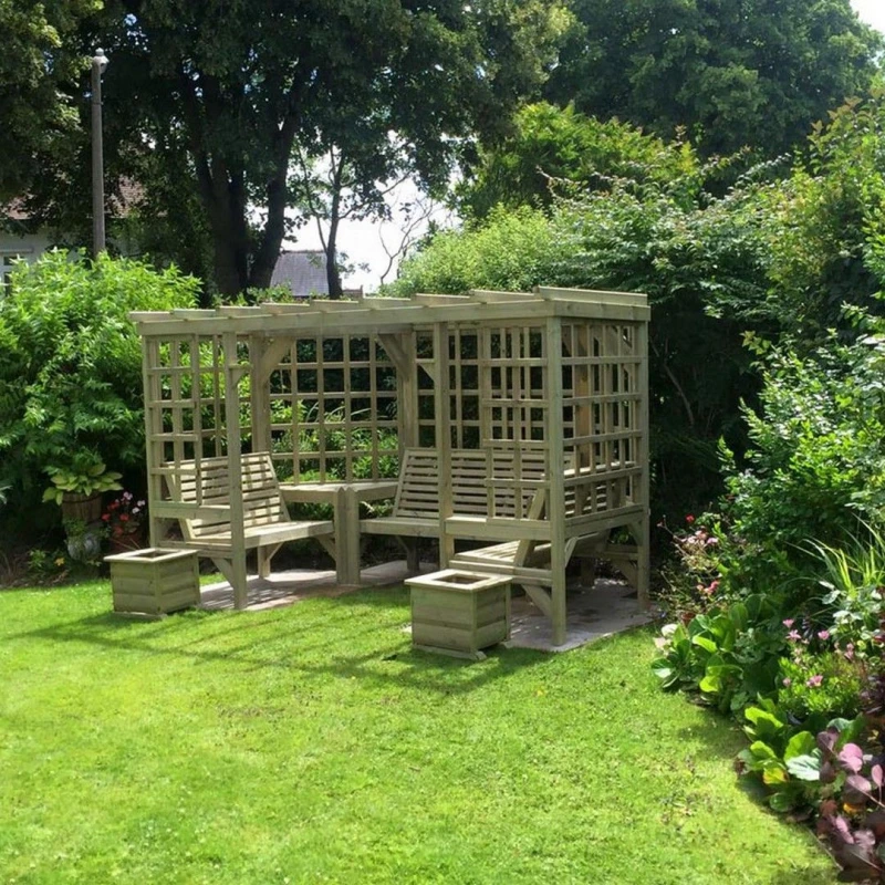 Image of Churnet Valley Garden Furniture Ltd Riviera Pergola Corner Arbour - Assembly Incl - Set of Cushions Inc in Brown Brown Unisex