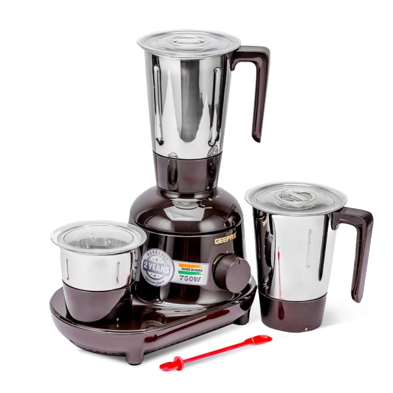 Image of Geepas 3-in-1 Mixer Grinder 3 Stainless Steel Jars Dry & Wet Grinding Indian Mixer 750W Brown unisex