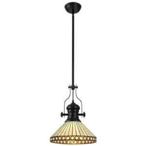 Image of Luminosa Lighting - Luminosa Worcester, Ceiling Pendant E27 With 30cm Tiffany Shade, Matt Black, Amber, Cream, Crystal