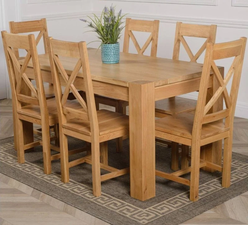 Image of Thats Furniture Kuba 150 x 85cm Chunky Medium Oak Dining Table & 6 Berkeley Chairs in Brown Brown Unisex 150 x 85 cm