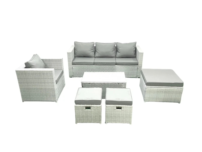 Image of Fimous Rattan Garden Furniture Set with 3 Seater Sofa Chair Rectangular Coffee Table 3 Footstools Light Grey Mixed 6 Seater Light Grey