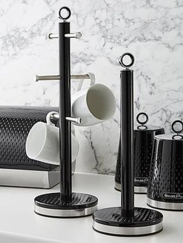 Image of Swan Elegance 6-Mug Tree & Kitchen Roll Holder Set Black ONE SIZE