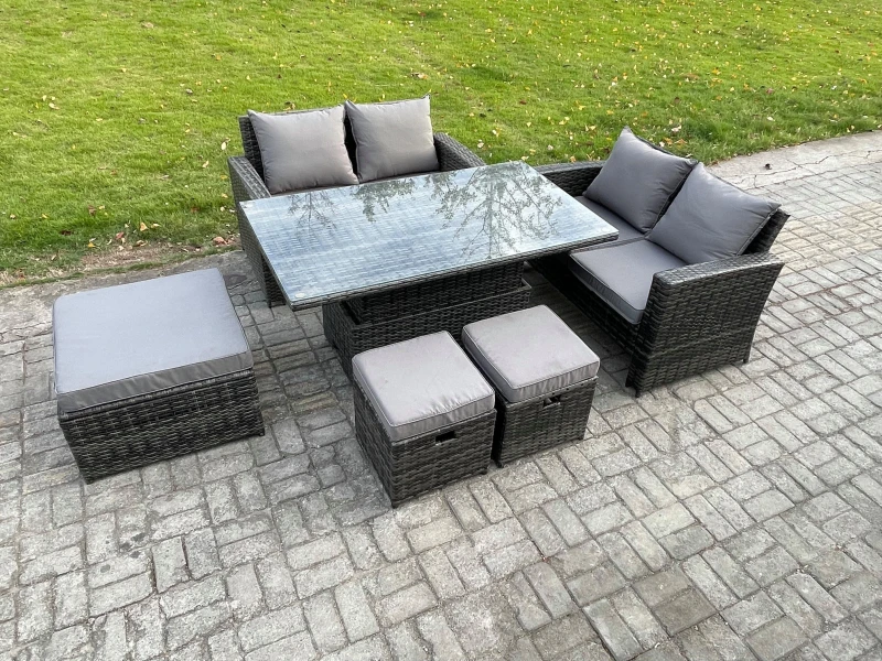 Image of Fimous 7 Seater Wicker Rattan Garden Furniture Rising Table Set with 3 Footstool Double Seat Sofa Dark Grey Mixed Dark Grey Unisex