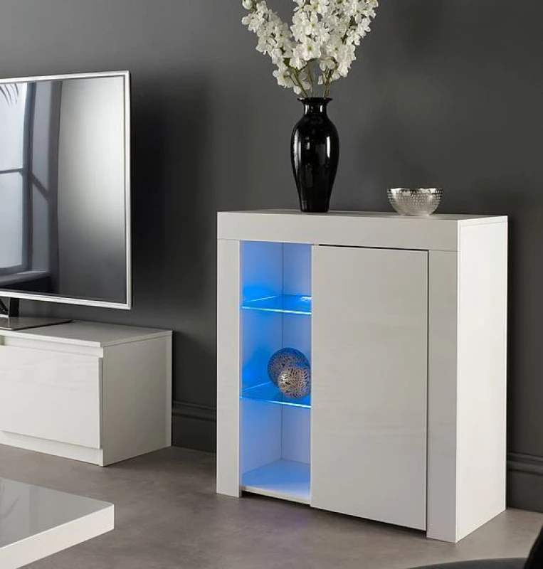 Image of Moderna White Sideboard Cabinet with LED & Glass Shelves, 75x35x83cm Size: 75 x 35 x 83cm White Unisex 75 x 35 x 83 cm