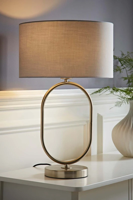 Image of ValueLights ValueLights Antonia Fabric Drum Lamp Shade Brushed Chrome Oval Table Lamp in Grey Grey One Size Unisex 5059406064722