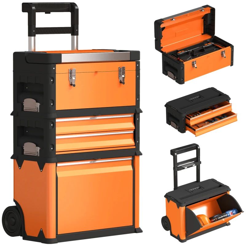 Image of HOMCOM HOMCOM 3-in-1 Stackable Tool Box with Handles, Tray, Rolling Steel Toolbox in Orange Orange One Size Unisex 5063603396470
