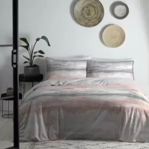 Image of Appletree Loft Landscape Watercolour Print Reversible 100% Cotton Duvet Cover Set, Dark Coral, Single