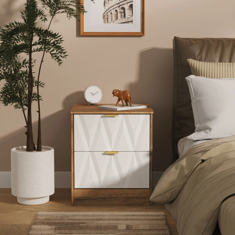 Image of Welcome Furniture Ready Assembled Las Vegas 2 Drawer Bedside Cabinet In White Matt & Vintage Oak, White LVF005WMVO