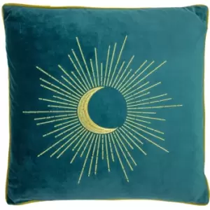 Image of Furn Astrid Embroidered Velvet Piped Edge Cushion Cover, Teal, 50 x 50 Cm