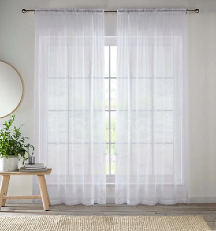 Image of Enhanced Living Sheer White Plain Woven Voile Slot Top Curtain Panel Pair (55X60") 145X152Cm