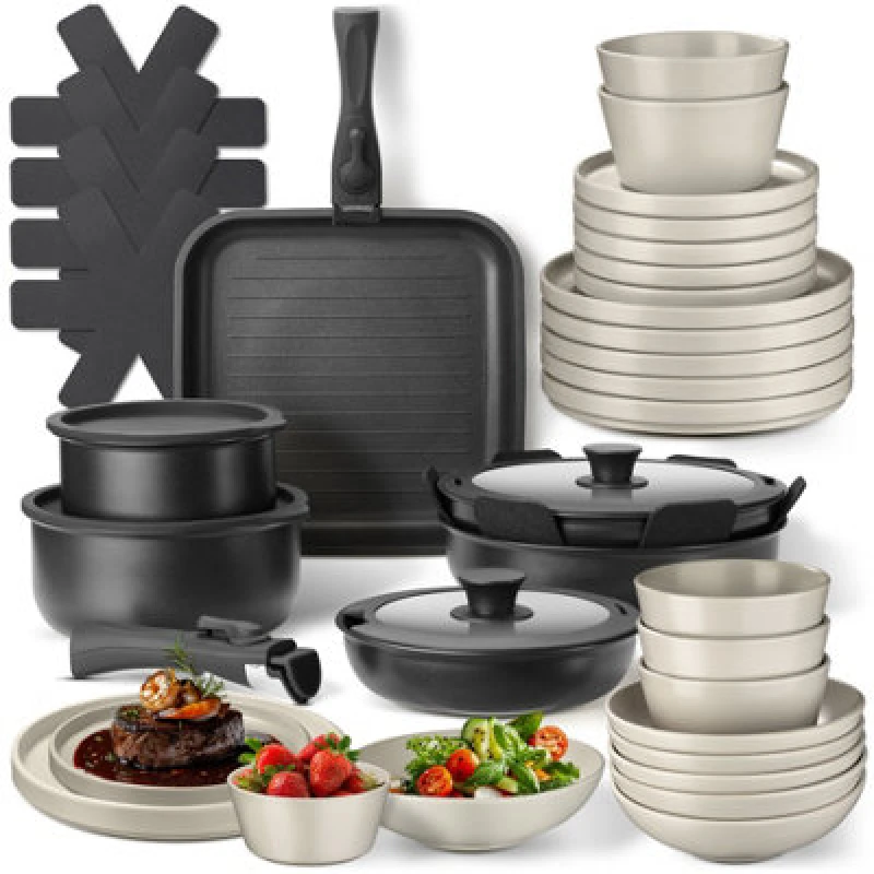 Image of Tectake Kitchen Starter Set For 6 People With Crockery, Pots And More - Black/taupe