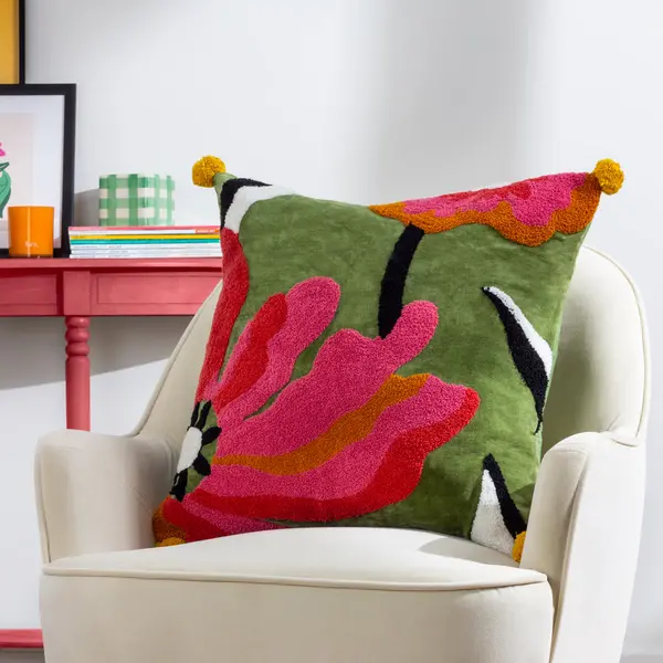 Image of Poppy Cushion Khaki/Pink, Khaki/Pink / 50 x 50cm / Polyester Filled