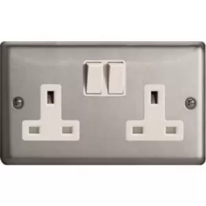 Image of Varilight Classic 2 Gang Twin Switched Socket with White Insert (Double XC5B) - Brushed Steel - DOU-XS5W