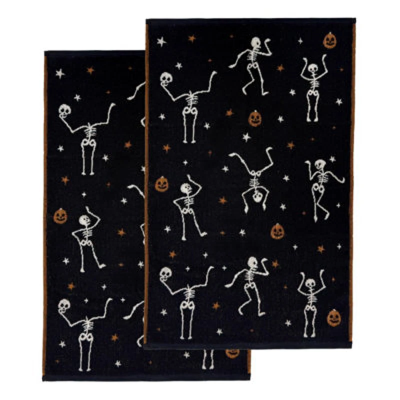 Image of Allure Bath Fashions Luxury Pair Of Skeleton Halloween Hand Towels - 100% Cotton Spooky Tea Towels