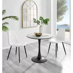 Image of Furniture Box Elina White Marble Effect Round Dining Table and 2 White Corona Black Leg Chairs
