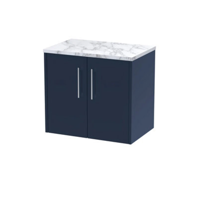 Image of HUDSON REED Hudson Reed Juno Wall Hung 2-Door Vanity Unit with Carrera Marble Worktop 600mm Wide - Midnight Blue JNU2923LCM