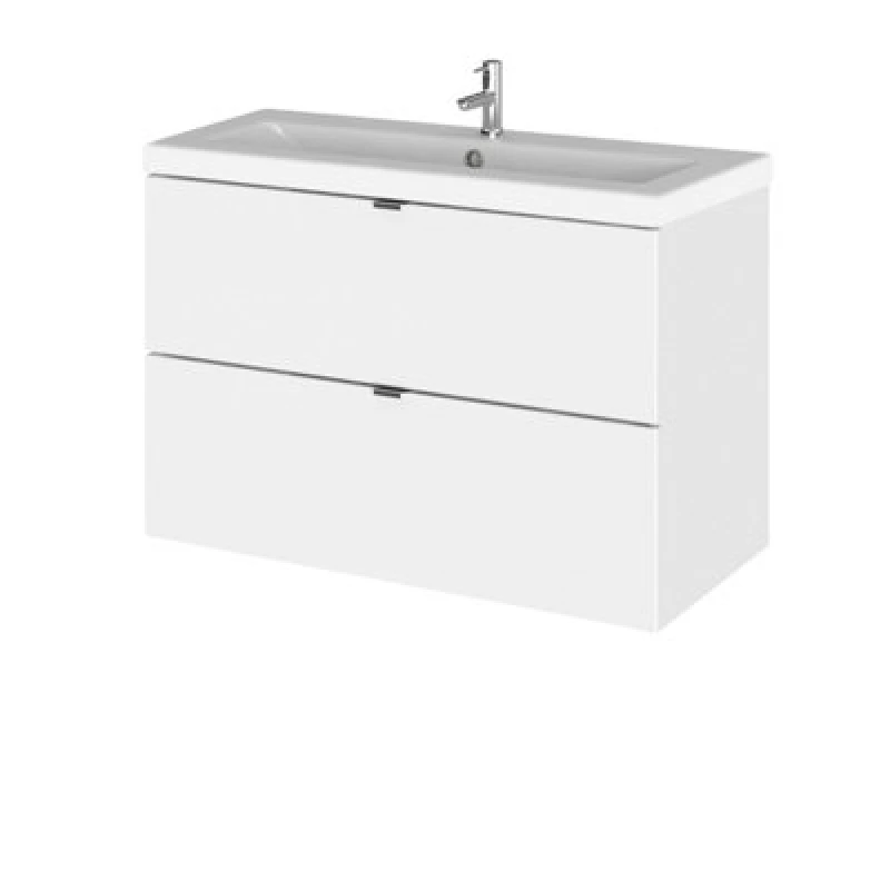 Image of Hudson Reed Fusion Wall Hung 2 Drawer Vanity Unit & Ceramic Basin, Stylish Vanity Unit With Basin, Gloss White, 800mm