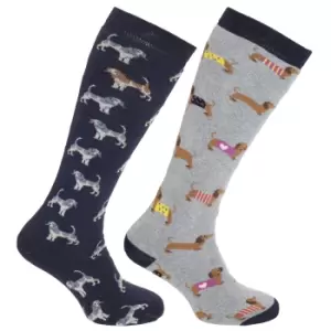 Image of Womens/Ladies Animal Design Welly Socks (2 Pairs) (4-7 UK) (Grey/Navy)
