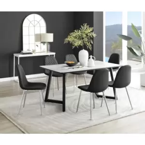 Image of Furniturebox UK - Furniturebox Carson White Marble Effect Rectangular 160cm Dining Table & 6 Black Corona Faux Leather Dining Chairs with Silver Legs