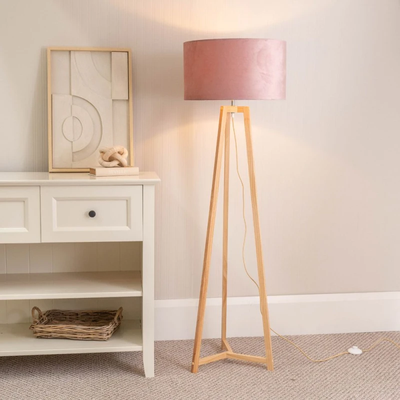 Image of ValueLights Lottie Natural Wood Tripod Floor Lamp with Velvet Drum Shade Pink
