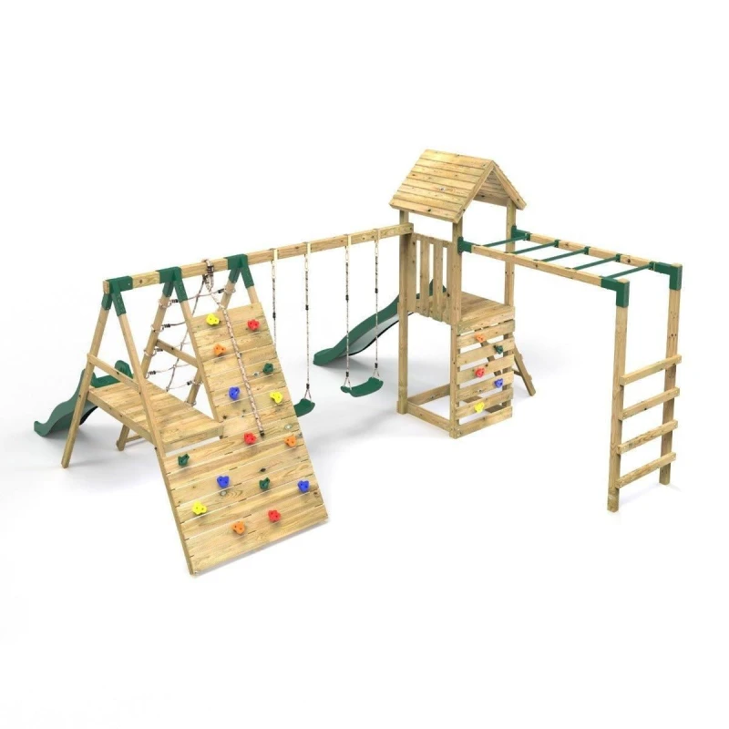 Image of Rebo Wooden Climbing Frame with Swing, Climbing Wall, Monkey Bars and Two Slides - Pennine Green Green