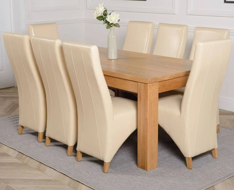 Image of Thats Furniture Dakot 182 x 92cm Oak Large Dining Table & 8 Lola Leather Chairs in Cream Size: 182 x 92cm Cream Unisex 182 x 92 cm