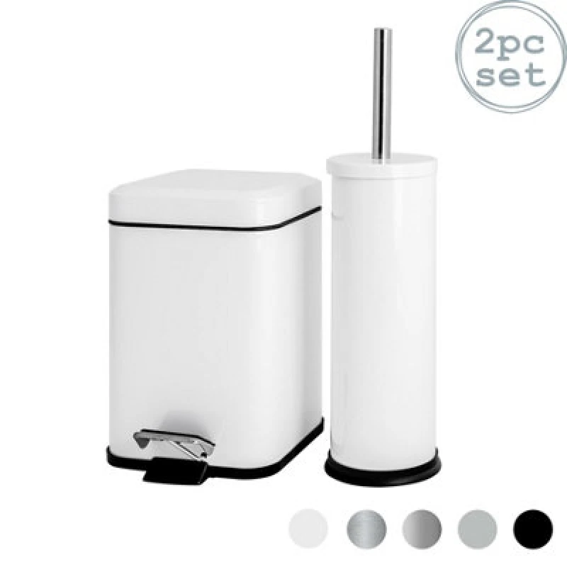 Image of Harbour Housewares Bathroom Bin & Toilet Brush Set - 3L - White - Mismatched Stainless Steel Slim Trashcan Rubbish Bin & Brush