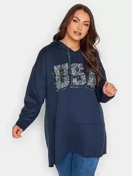 Image of Yours Slogan Longline Hoodie, Blue, Size 20, Women
