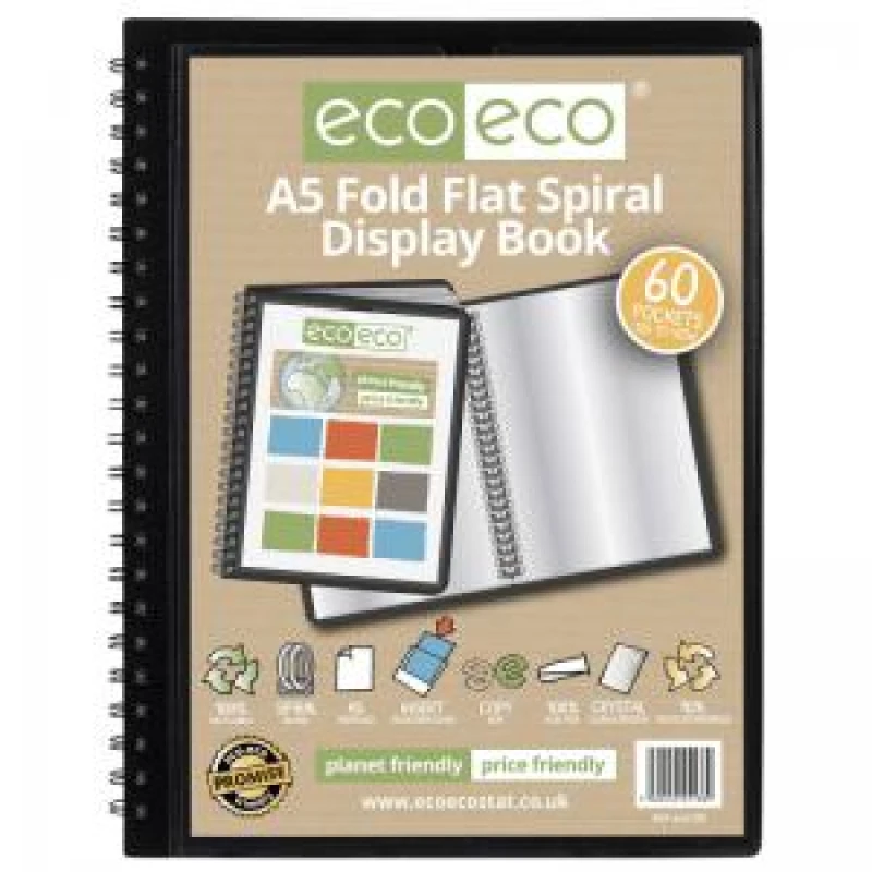 Image of Eco Eco 50% Recycled Fold Flat Spiral Display Book 60 Pockets A5 Black eco138-S