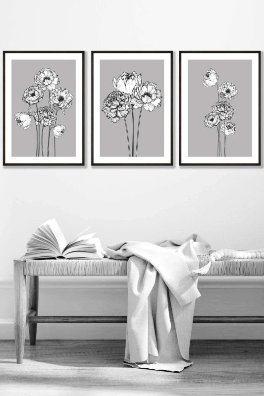 Image of ARTZE Sketch Art Peonies on Grey Framed Wall Art - Medium in Black Size: W45cm x H62cm x D20mm Black Unisex W45cm x H62cm x D20mm