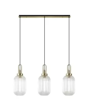 Image of Linear 3 Light Pendant E27 With 20cm Tubular Ribbed Glass, Clear Brass Gold, Matt Black