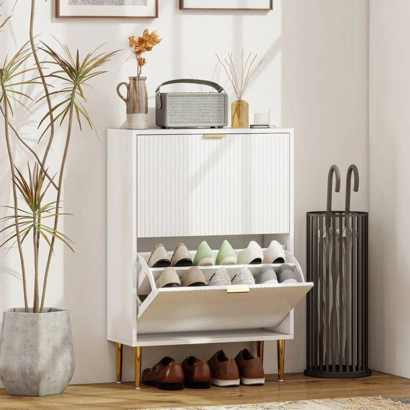 Image of HOMCOM Slim Shoe Storage Cabinet with 2 Flip Drawers for Hallway, White 837-601V00WT