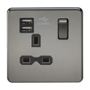 Image of KnightsBridge 1G 13A Screwless Black Nickel 1G Switched Socket with Dual 5V USB Charger Ports - Black Insert
