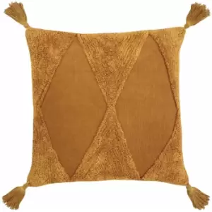 Image of Kantha Tufted 100% Cotton Tasselled Cushion Cover, Ginger, 50 x 50 Cm - Furn