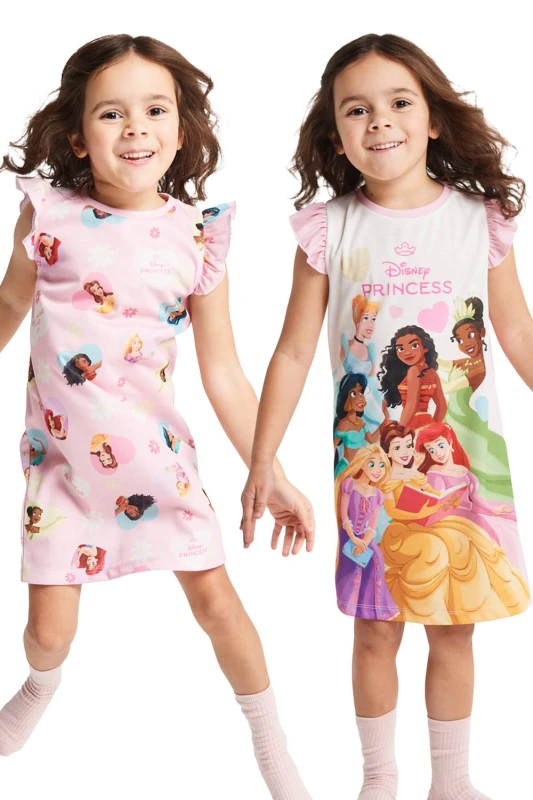 Image of Brand Threads Disney Princess Nightie 2 pack in Pink Size: 2-3 Years Pink Unisex 2-3 Years