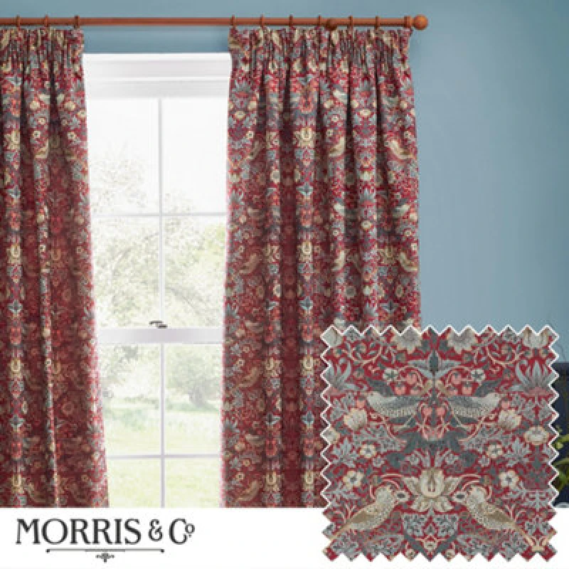 Image of Morris & Co Morris & Co Strawberry Thief Jacquard Jacquard Floral Room Darkening Pencil Pleat Curtains in Red Size: 168cm width x 229cm drop Red 168