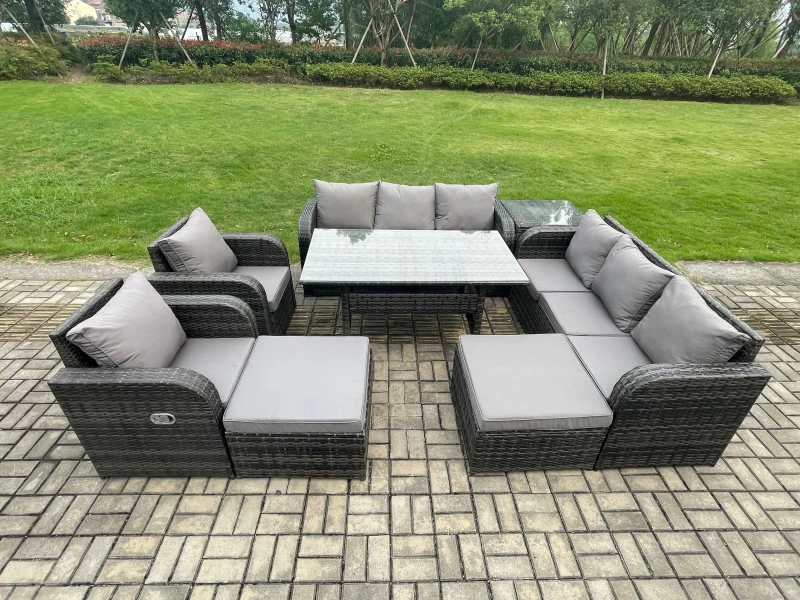 Image of Fimous 10 Seater Rattan Garden Furniture Set Oblong Rectangular Dining Table & Chairs Set with 3 Seater Sofa 2 Big Footstool Side Table in Dark Grey D