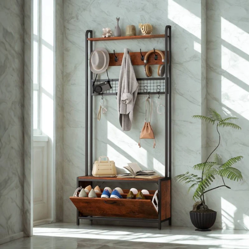 Image of Industrial Entryway Hall Tree Coat Rack Stand With Shoe Storage And 10 Hooks