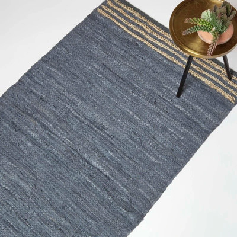 Image of HOMESCAPES Homescapes - Grey Recycled Leather Handwoven Stripe Rug, 120 x 170cm RU1412D