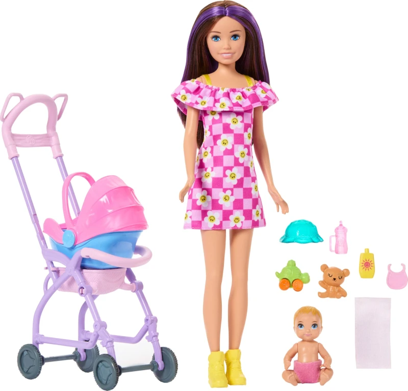 Image of Barbie Skipper Babysitters Inc. Playset with Brunette Doll Blonde Baby Doll Stroller with Removable Car Seat & 7 Accessories JJB42